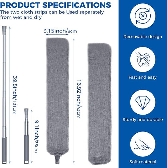 Retractable Gap Dust Cleaner Cleaning Tools with 2 Microfiber Dusting Cloths Long Handle 60inches Washable and Retractable Duster Brush for Cleaning Under Appliances Furniture Couch Fridge
