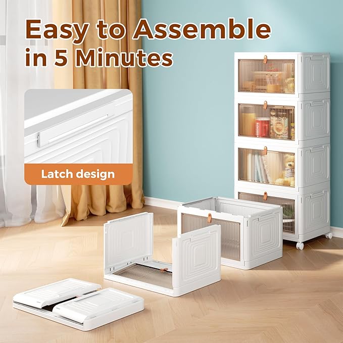 4 Tier Storage Bins with Lids, 23QT Stackable Closet Organizers and Storage with Wheels, Collapsible Storage Boxes, Foldable Plastic Storage Containers for Home,Office, Dorm Room