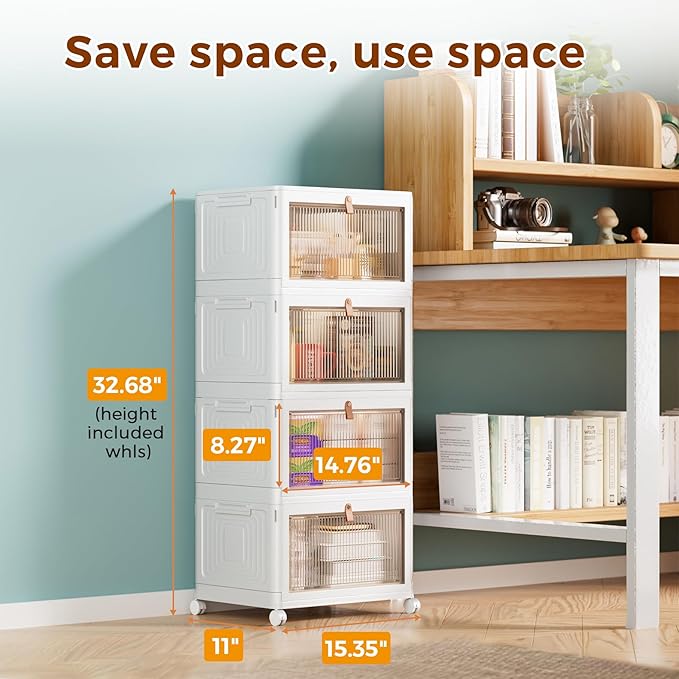 4 Tier Storage Bins with Lids, 23QT Stackable Closet Organizers and Storage with Wheels, Collapsible Storage Boxes, Foldable Plastic Storage Containers for Home,Office, Dorm Room
