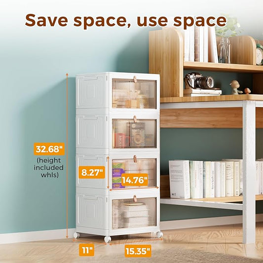 4 Tier Storage Bins with Lids, 23QT Stackable Closet Organizers and Storage with Wheels, Collapsible Storage Boxes, Foldable Plastic Storage Containers for Home,Office, Dorm Room