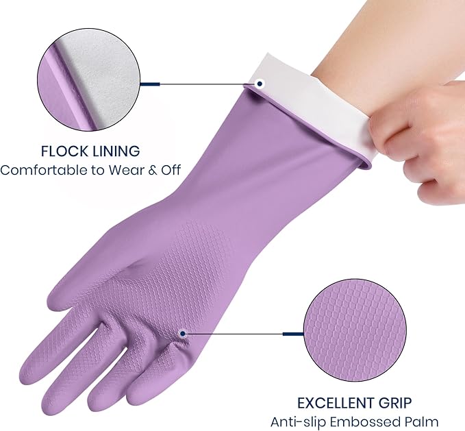 Rubber Cleaning Gloves for Dishwashing, 4 Pairs Reusable Kitchen Gloves for Washing Dishes and Household Cleaning, Colorful Dish Gloves with Flocked Lining and Non-Slip Grip, Pefect for Woman Men - M